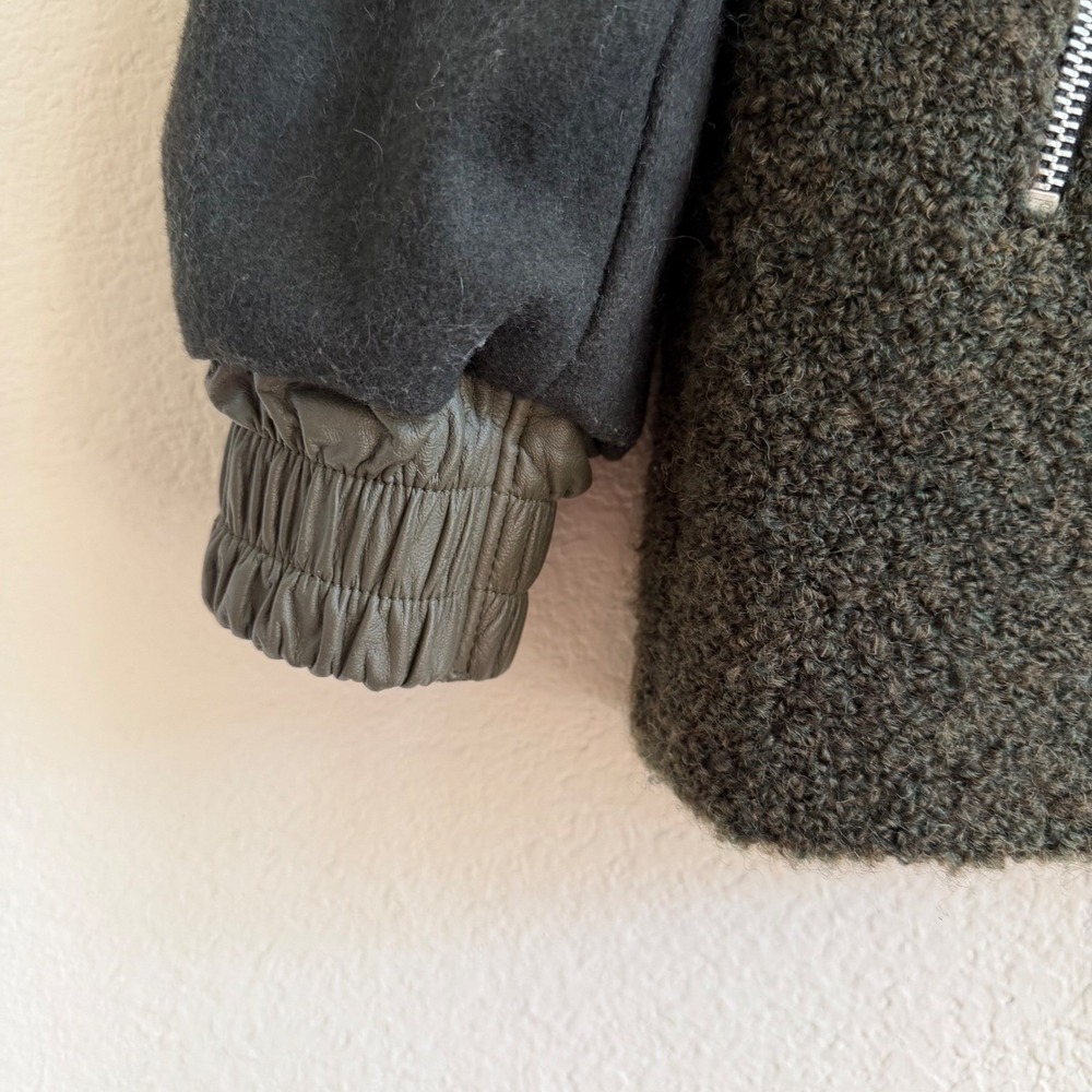 SIR. The Label Mixed Media Boucle Wool Bomber Jacket Olive Green Leather Trim S - Picture 2 of 16